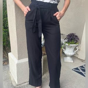 Black linen pants. Paper bag waist. Flowy. Size XS
